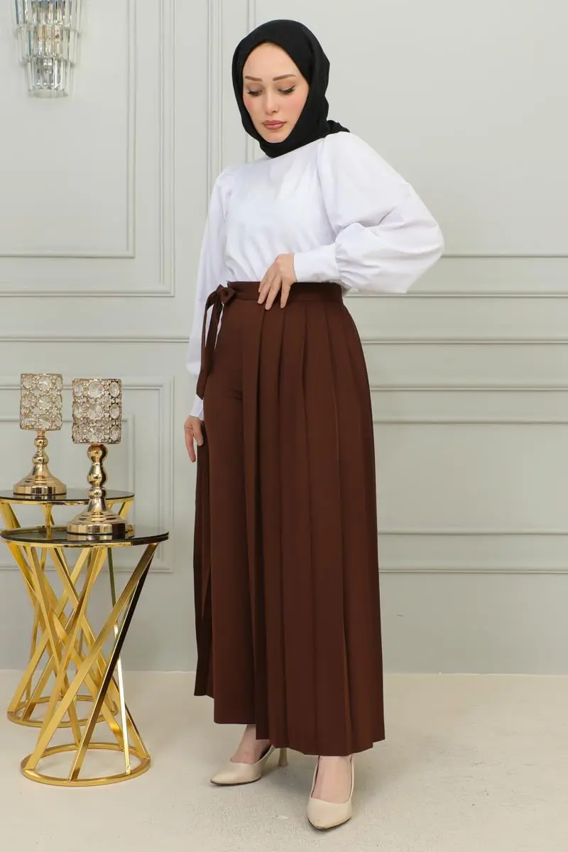 Piliseli Pantolon Etek Kahverengi-detail