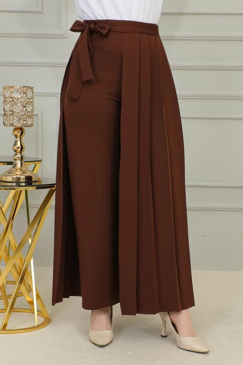 Piliseli Pantolon Etek Kahverengi-detail