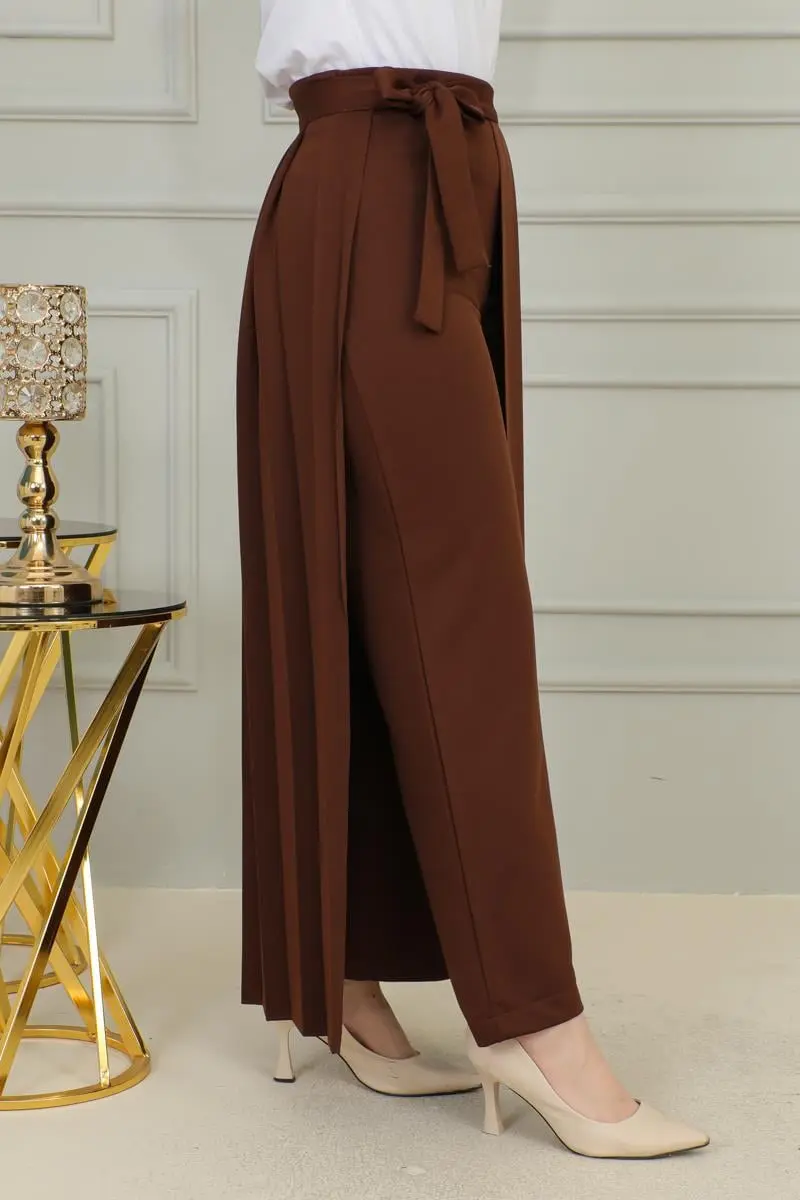 Piliseli Pantolon Etek Kahverengi-detail