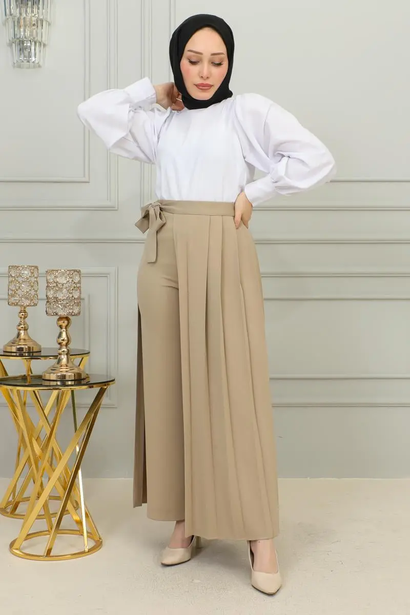 Piliseli Pantolon Etek Vizon-detail