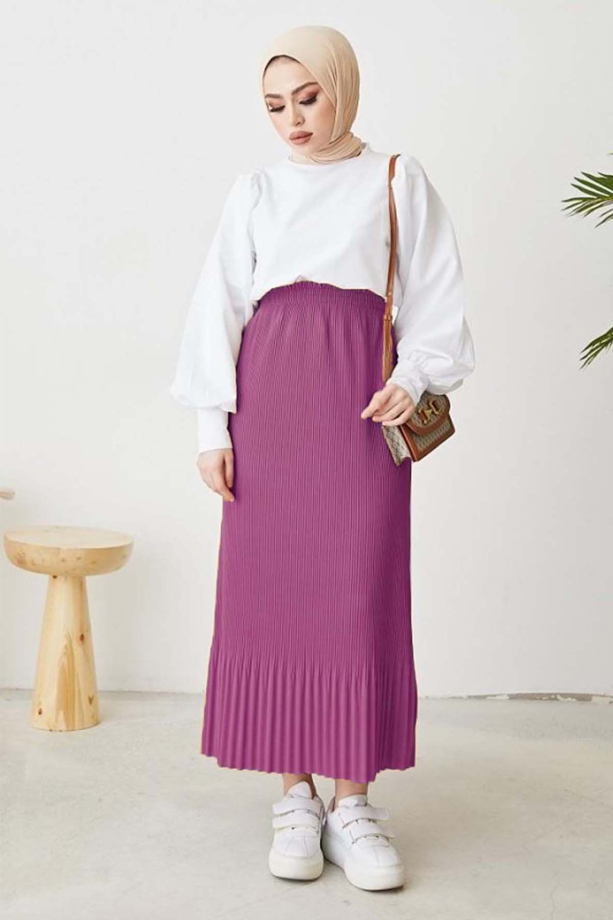 Piliseli Tesettür Etek Fuşya 205