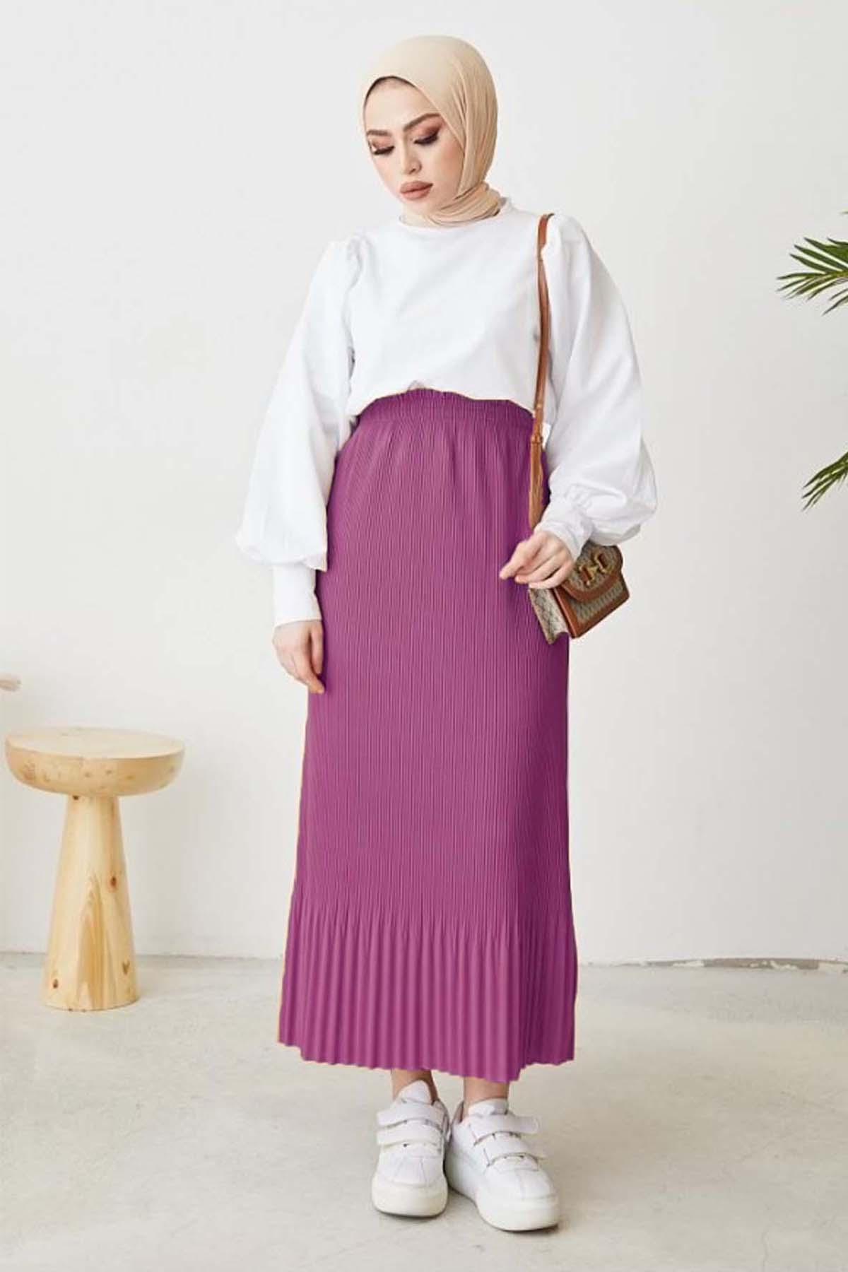 Piliseli Tesettür Etek Fuşya 205