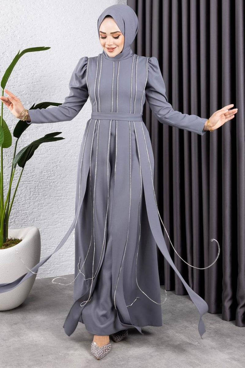 Pırlanta Taşlı Abiye Gri