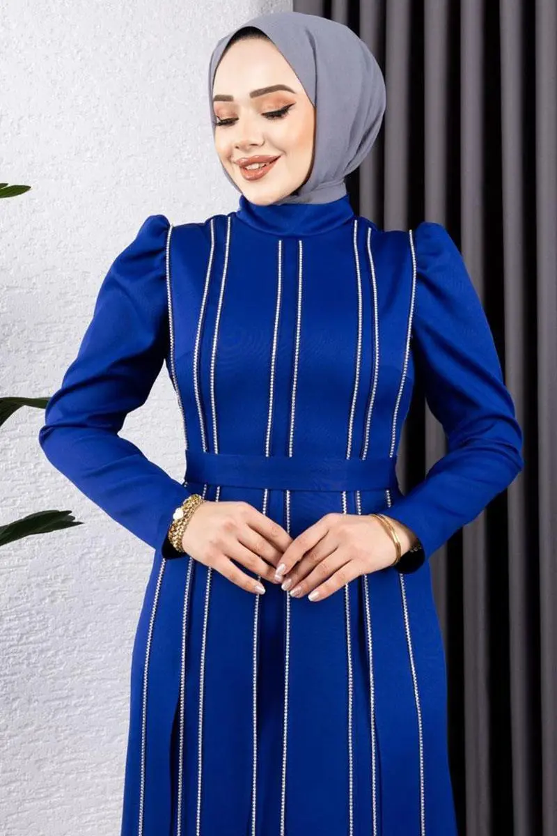 Pırlanta Taşlı Abiye Saks Mavisi-detail