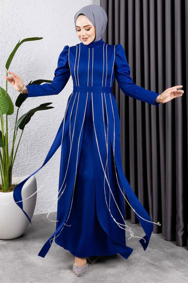 Pırlanta Taşlı Abiye Saks Mavisi