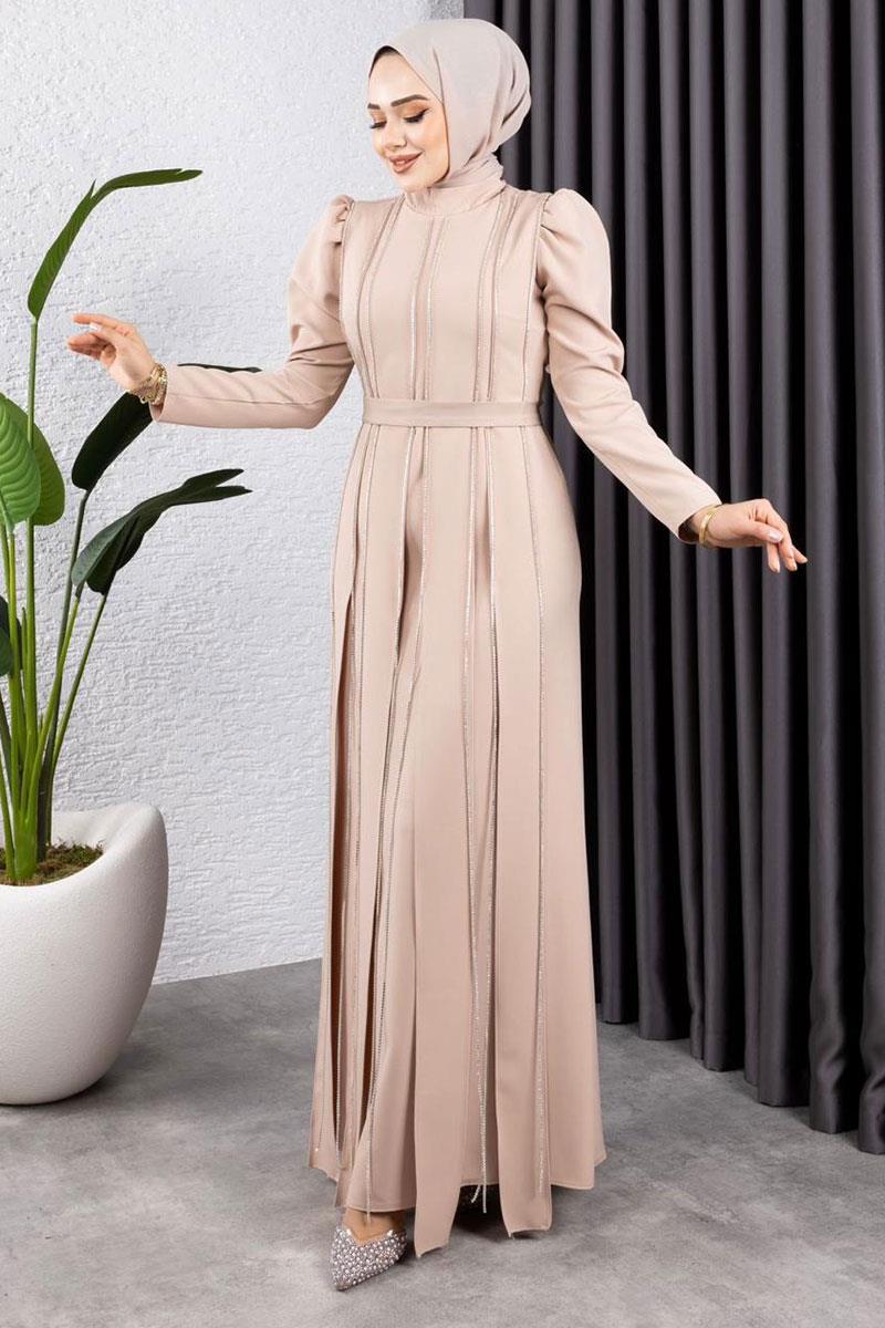 Pırlanta Taşlı Abiye Vizon