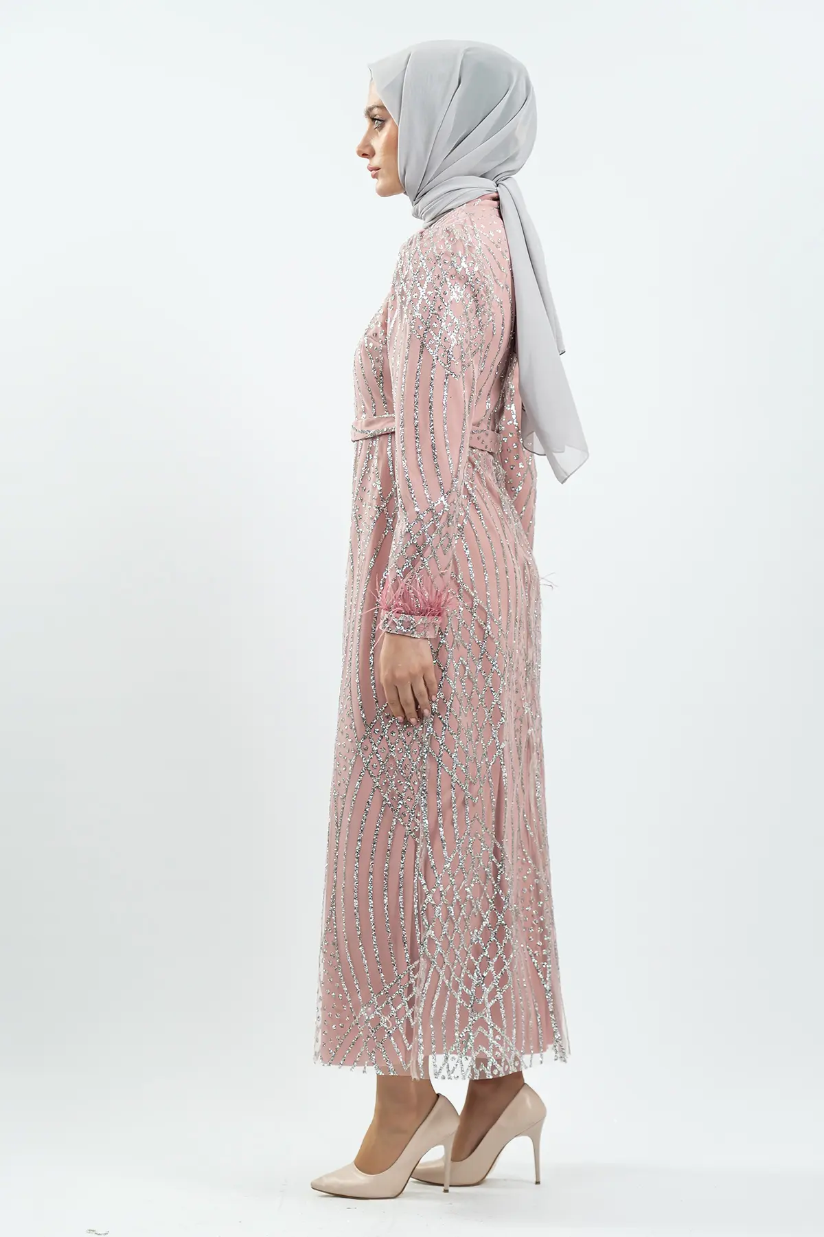 Powder Pink Silvery Evening Dress-detail