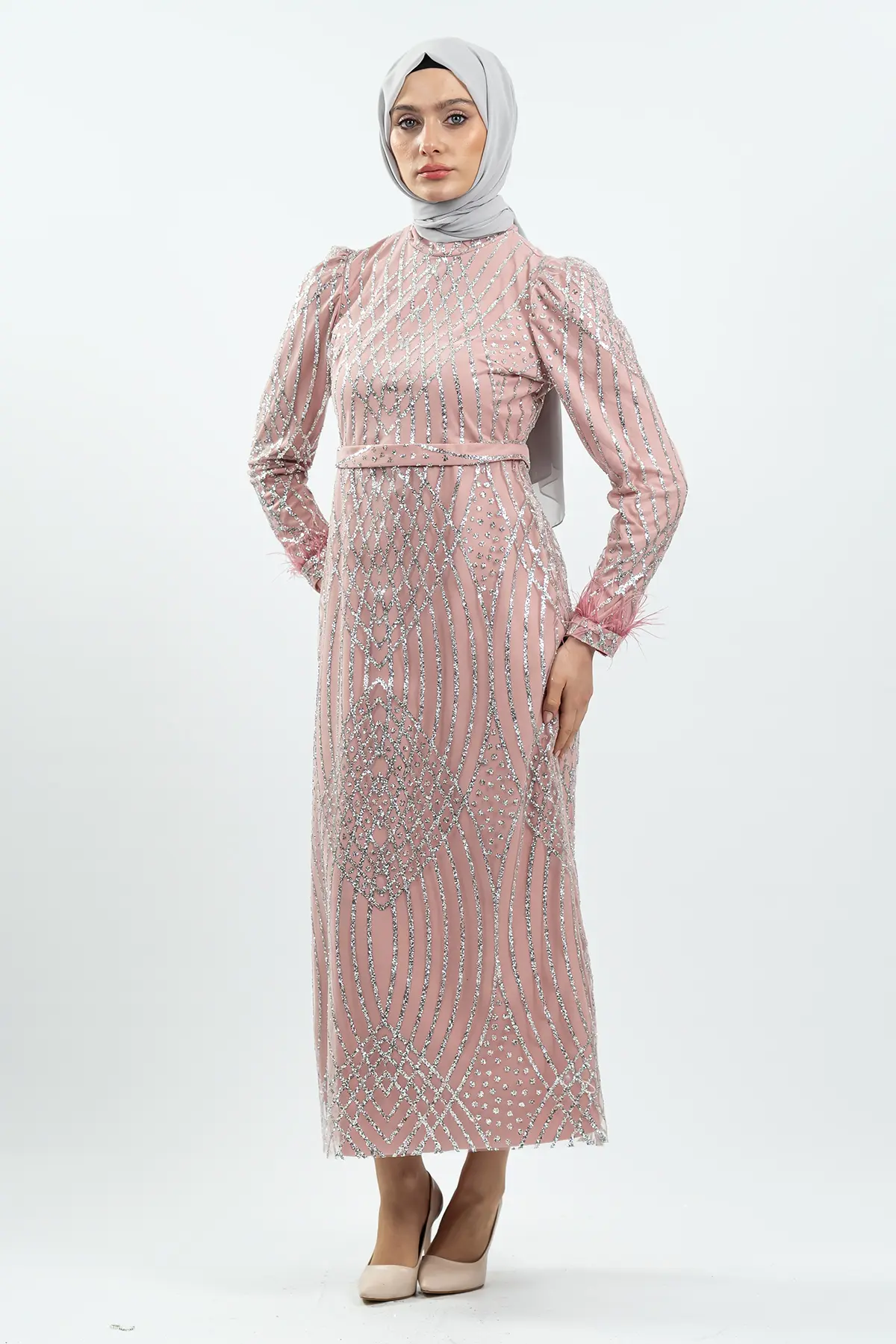 Powder Pink Silvery Evening Dress-detail
