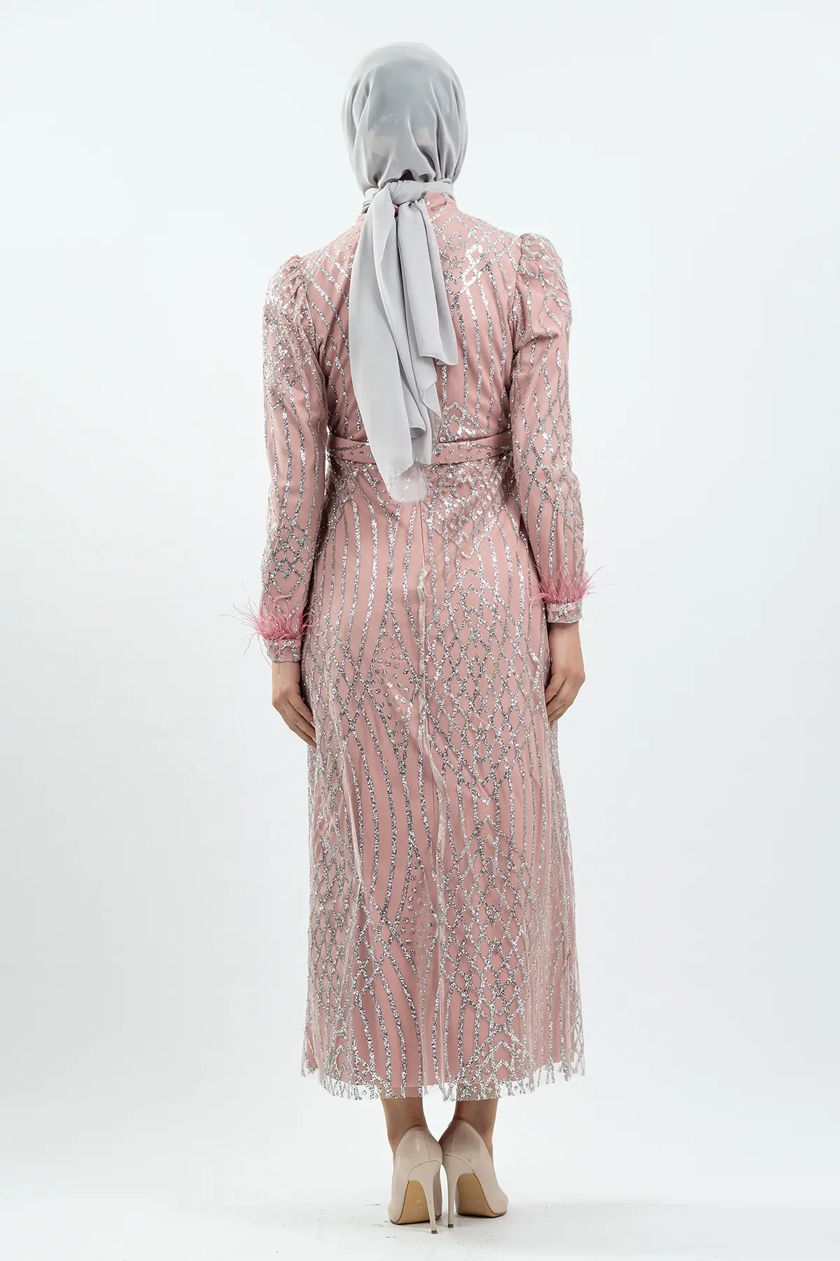 Powder Pink Silvery Evening Dress-detail