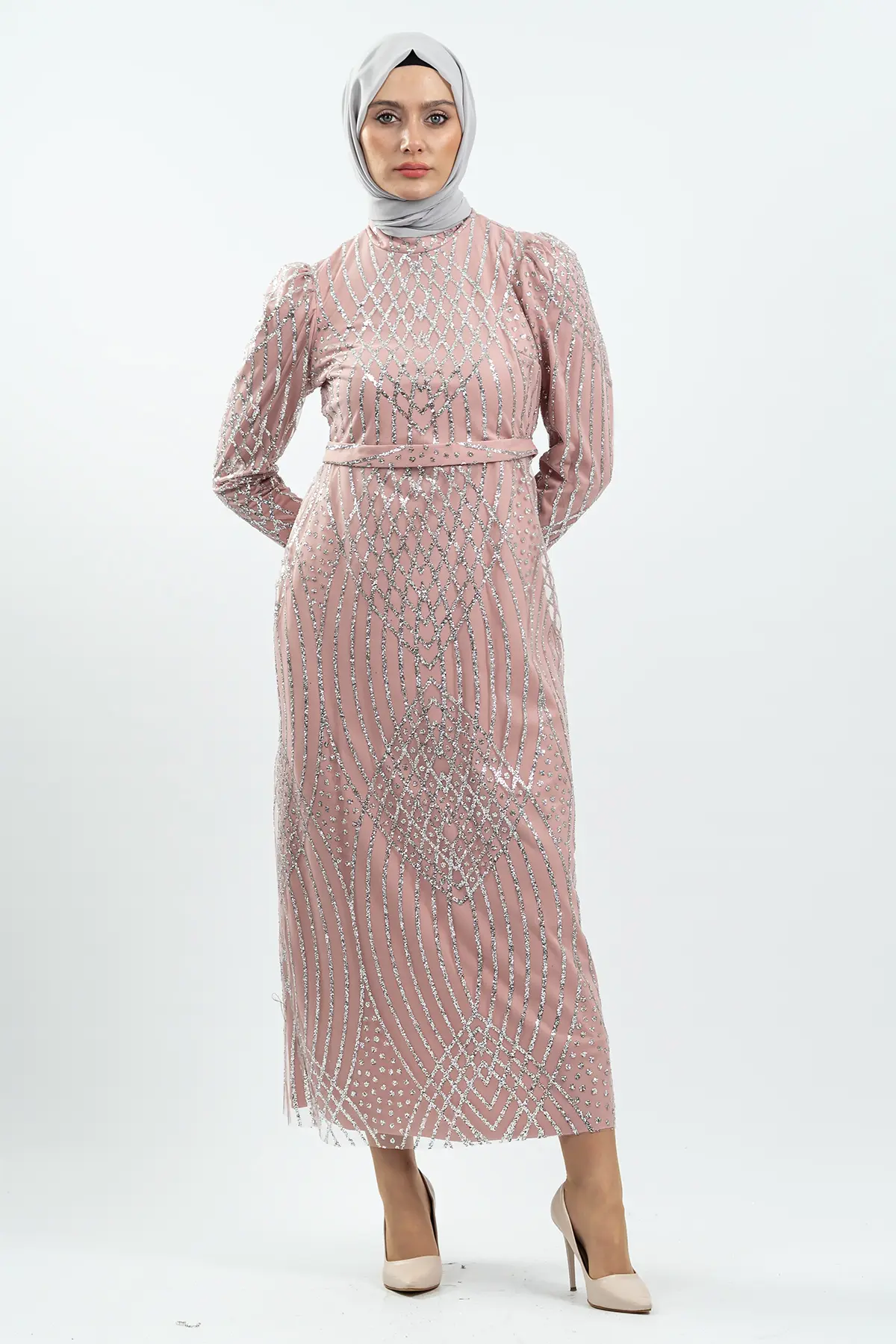 Powder Pink Silvery Evening Dress-detail