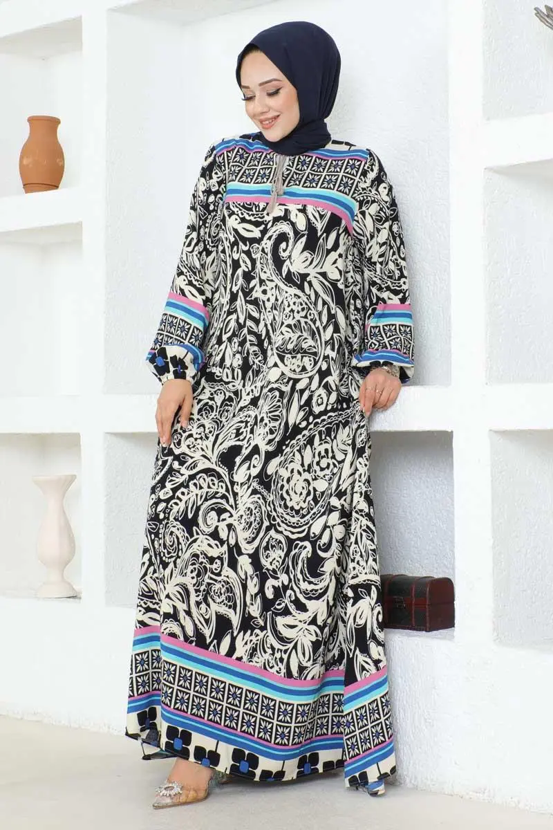 Püskül Detaylı Viskon Elbise Lacivert-detail