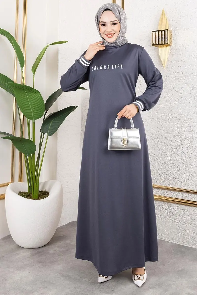 Ribanalı Baskılı Elbise Antrasit-detail