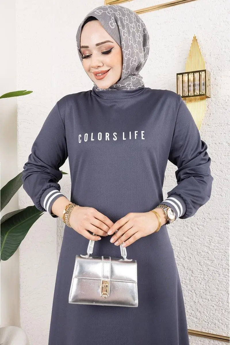 Ribanalı Baskılı Elbise Antrasit-detail