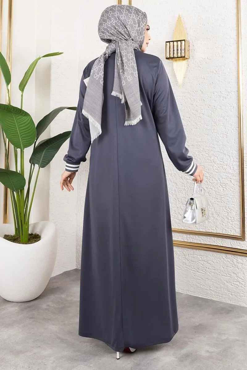 Ribanalı Baskılı Elbise Antrasit-detail