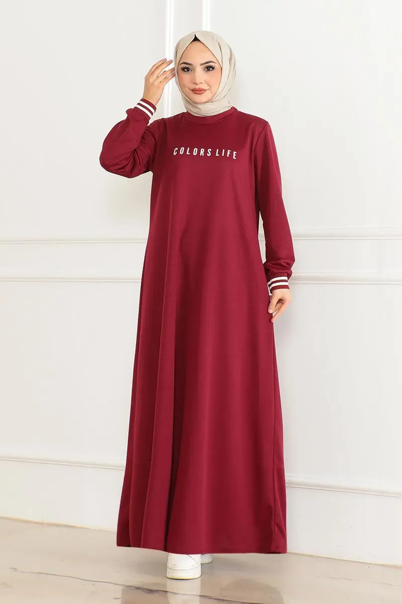 Ribanalı Baskılı Elbise Bordo-detail