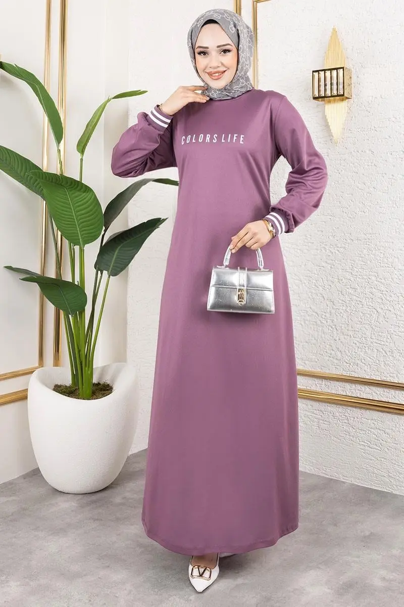 Ribanalı Baskılı Elbise Lila-detail