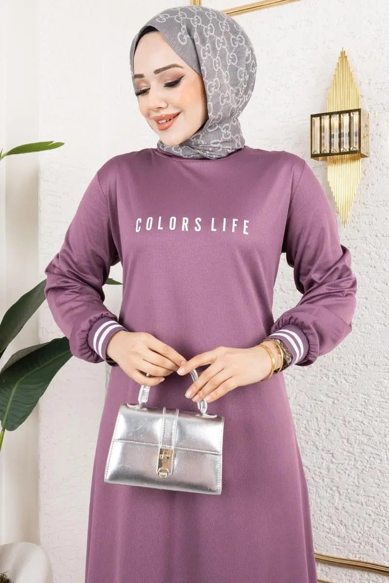 Ribanalı Baskılı Elbise Lila-detail