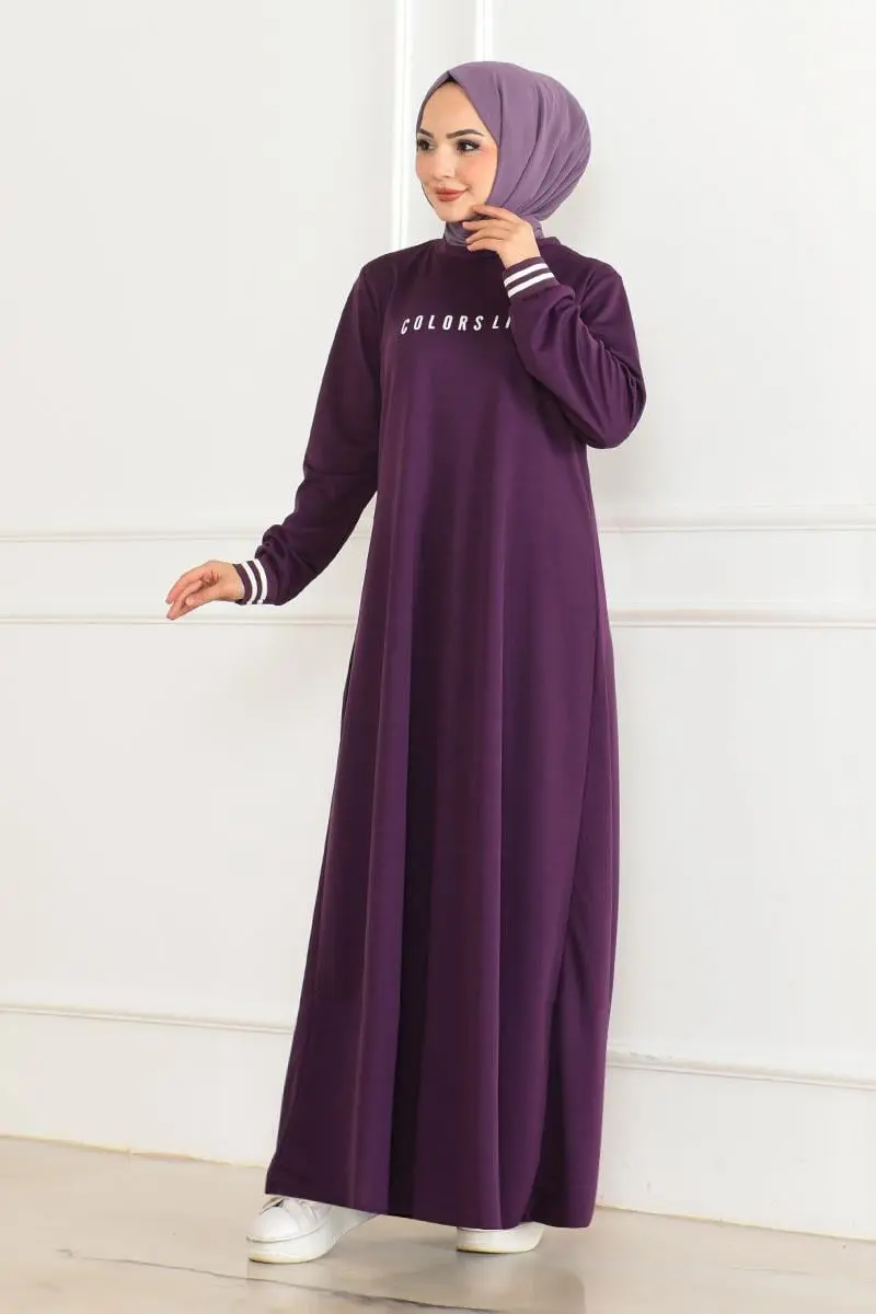 Ribanalı Baskılı Elbise Mor-detail