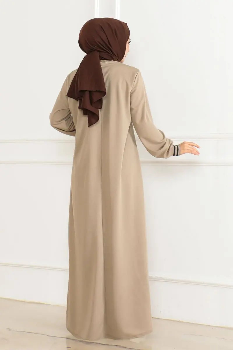 Ribanalı Baskılı Elbise Vizon-detail