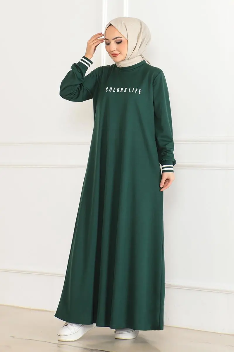 Ribanalı Baskılı Elbise Zümrüt Yeşili-detail