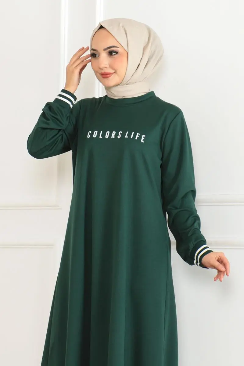 Ribanalı Baskılı Elbise Zümrüt Yeşili-detail