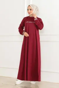 Ribanalı Baskılı Elbise Bordo