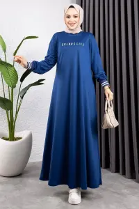 Ribanalı Baskılı Elbise Indigo