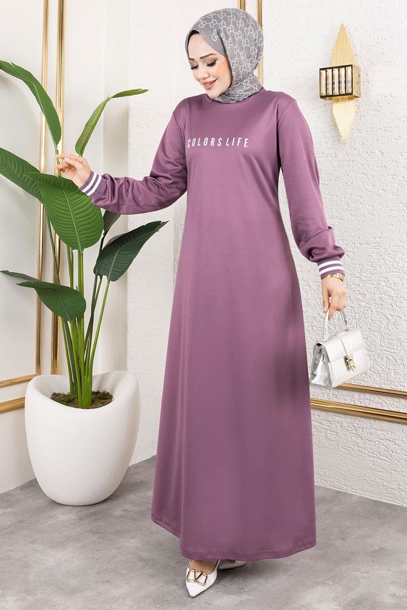 Ribanalı Baskılı Elbise Lila