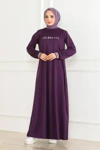 Ribanalı Baskılı Elbise Mor