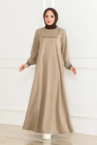 Ribanalı Baskılı Elbise Vizon