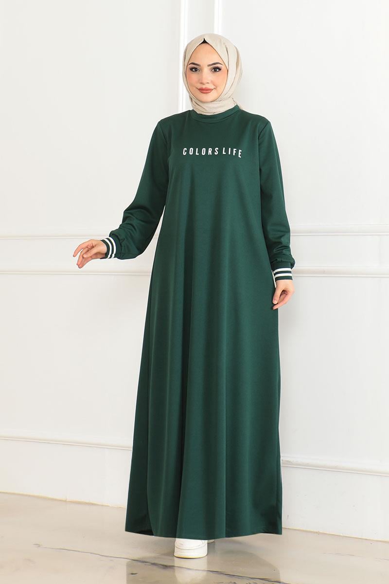 Ribanalı Baskılı Elbise Zümrüt Yeşili