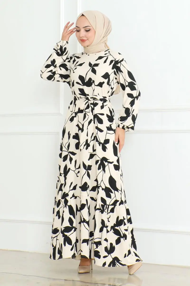 Samara Tesettür Elbise Ekru-detail