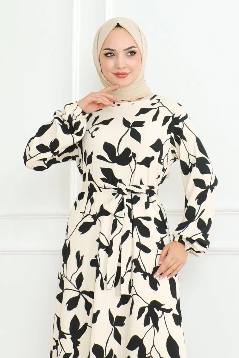 Samara Tesettür Elbise Ekru-detail