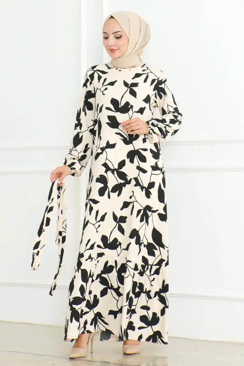 Samara Tesettür Elbise Ekru-detail