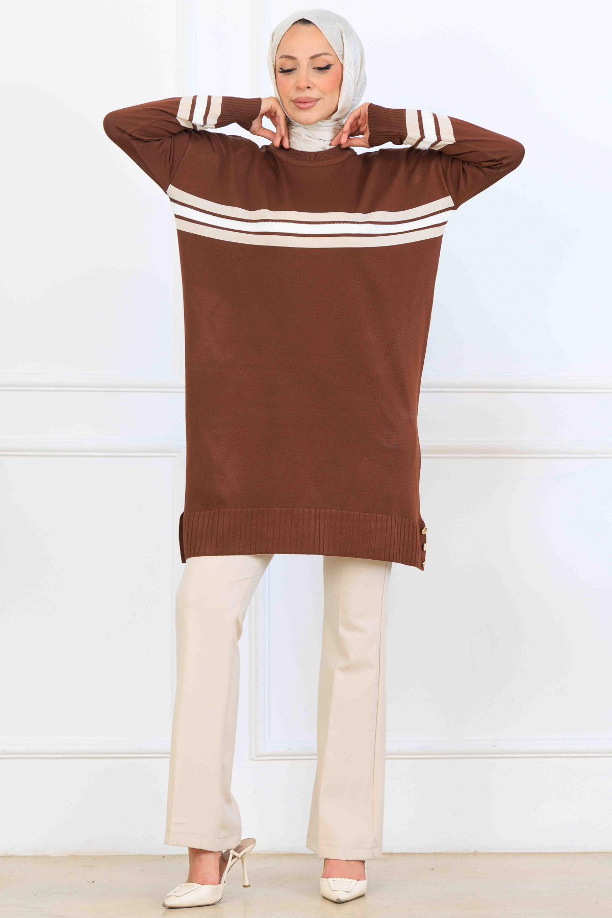 Şerit Detaylı Merserize Tunik