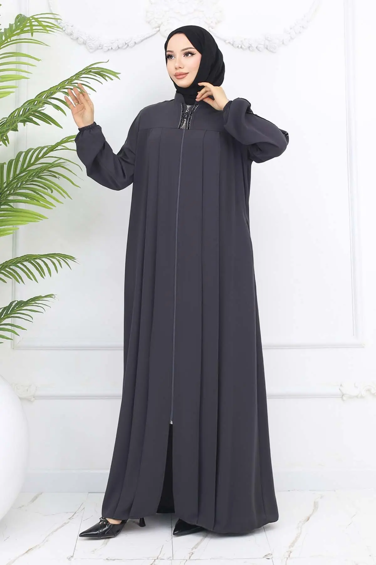 Şerit Detaylı Robalı Ferace Antrasit 1007-detail