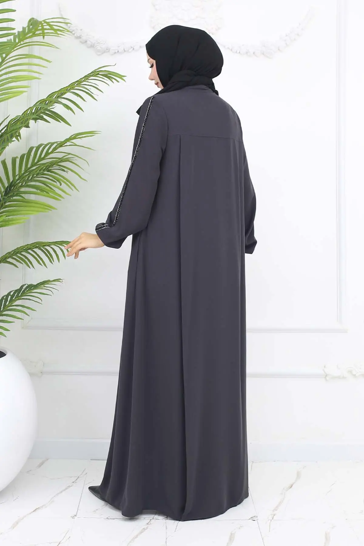 Şerit Detaylı Robalı Ferace Antrasit 1007-detail