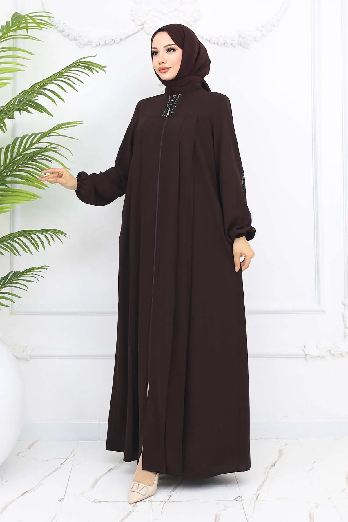 Şerit Detaylı Robalı Ferace Kahverengi 1007-detail