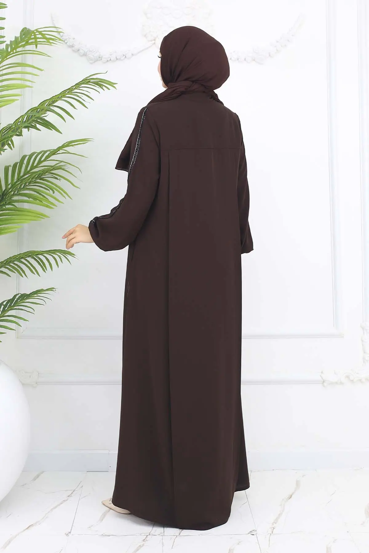 Şerit Detaylı Robalı Ferace Kahverengi 1007-detail