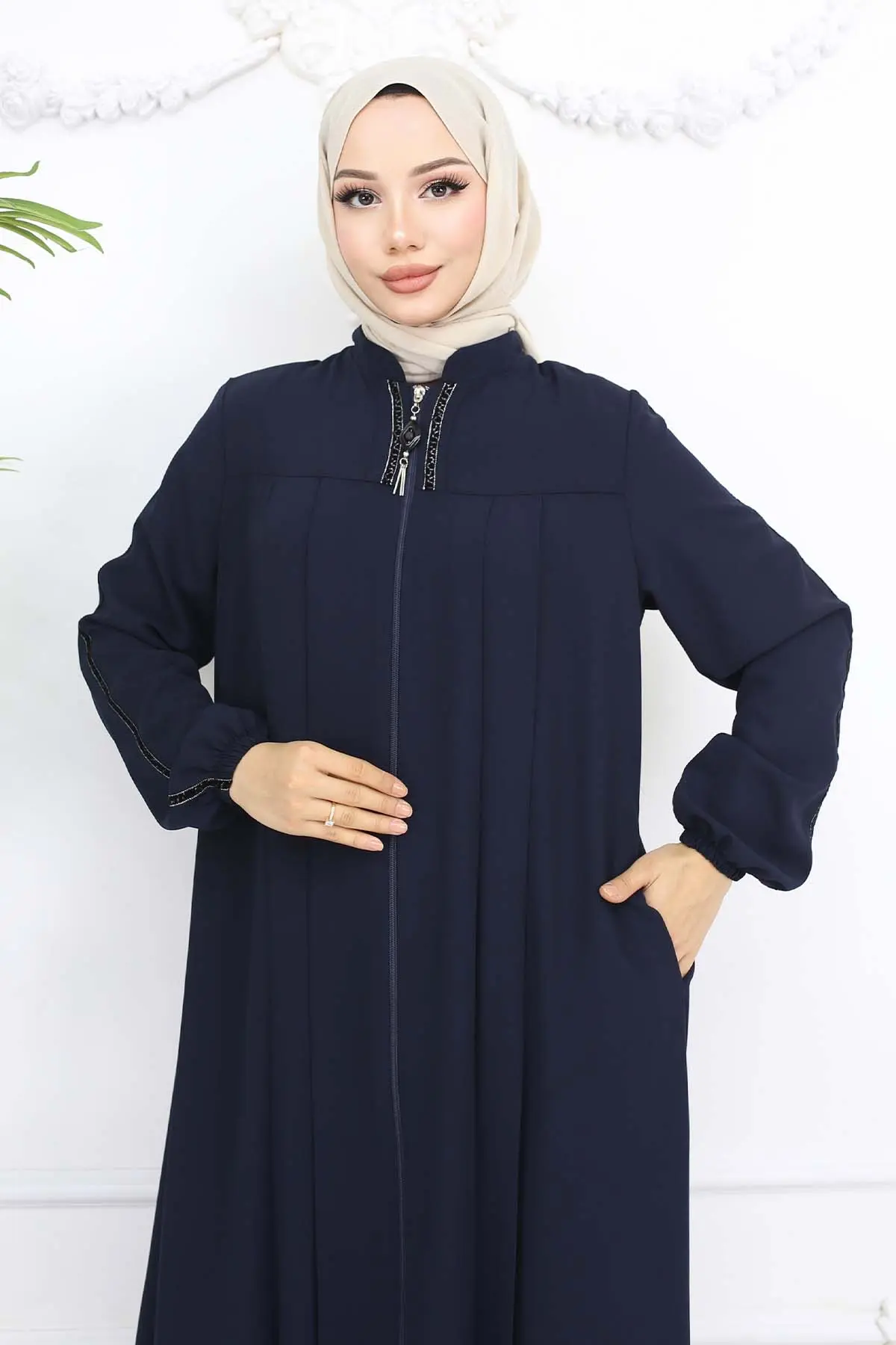 Şerit Detaylı Robalı Ferace Lacivert 1007-detail