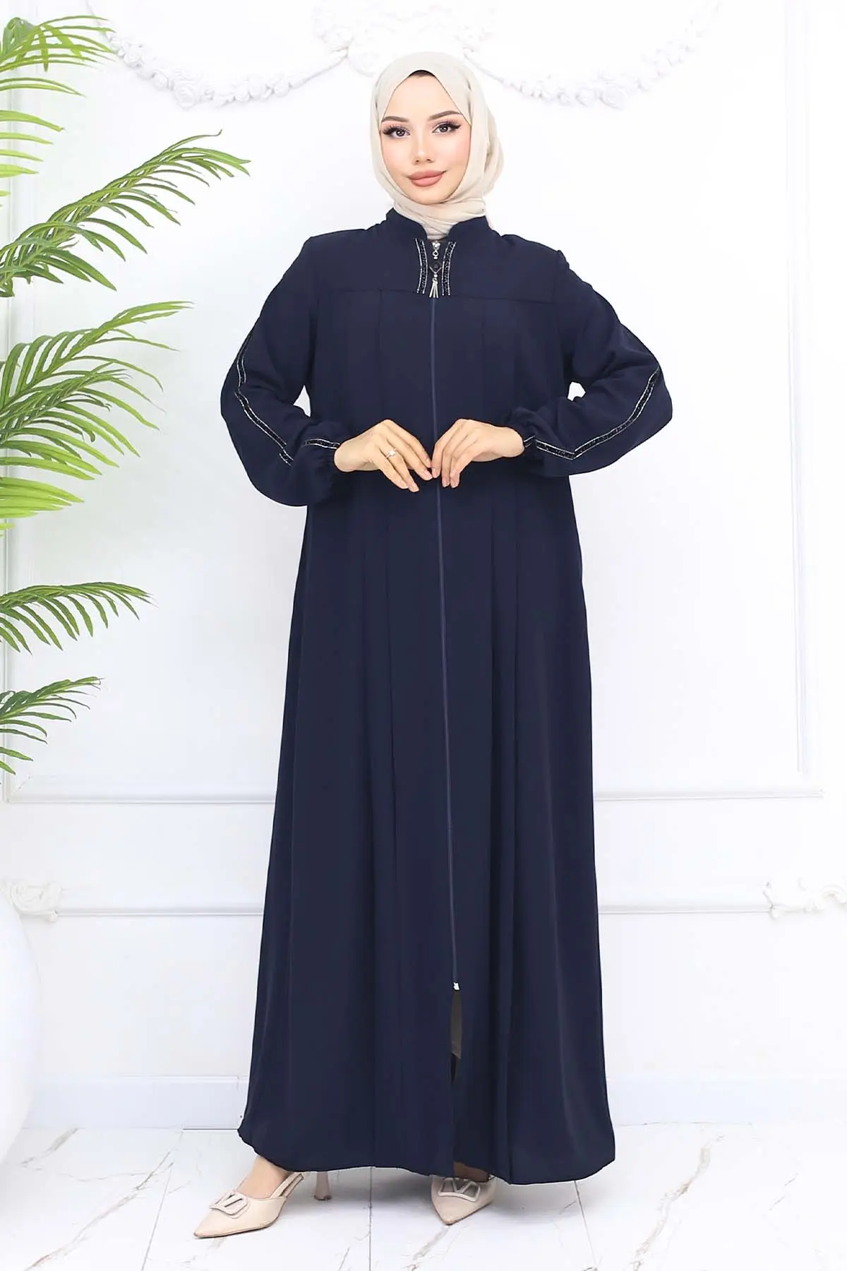 Şerit Detaylı Robalı Ferace Lacivert 1007-detail