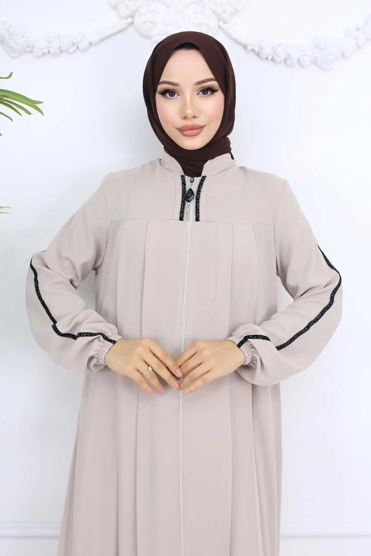 Şerit Detaylı Robalı Ferace Taş Rengi 1007-detail