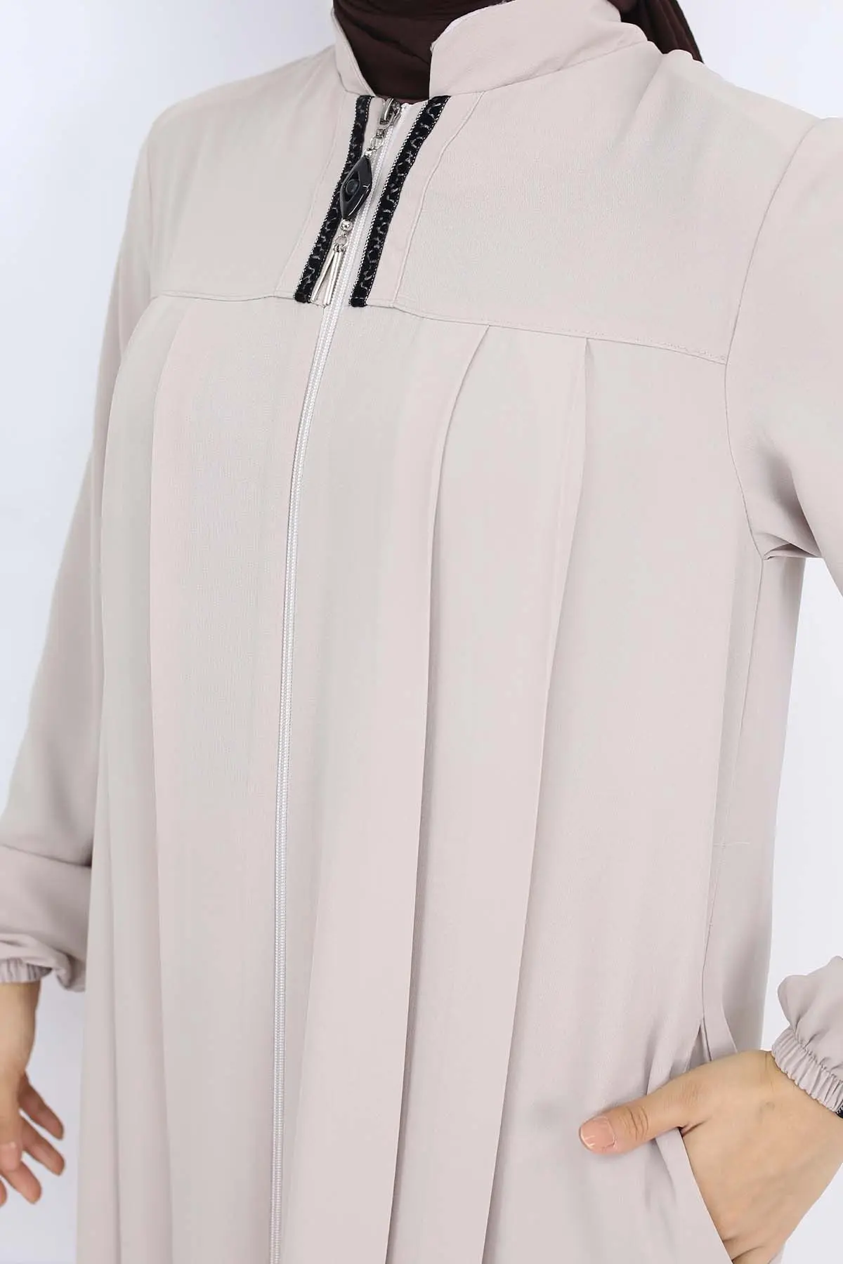 Şerit Detaylı Robalı Ferace Taş Rengi 1007-detail