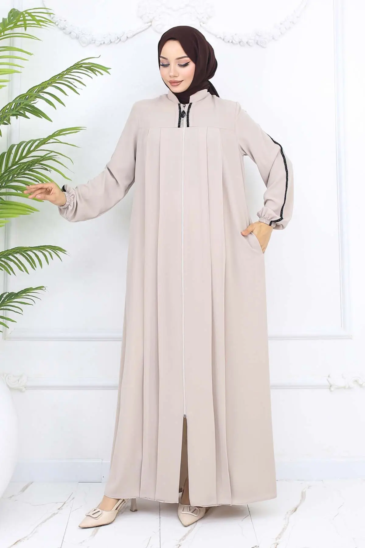 Şerit Detaylı Robalı Ferace Taş Rengi 1007-detail