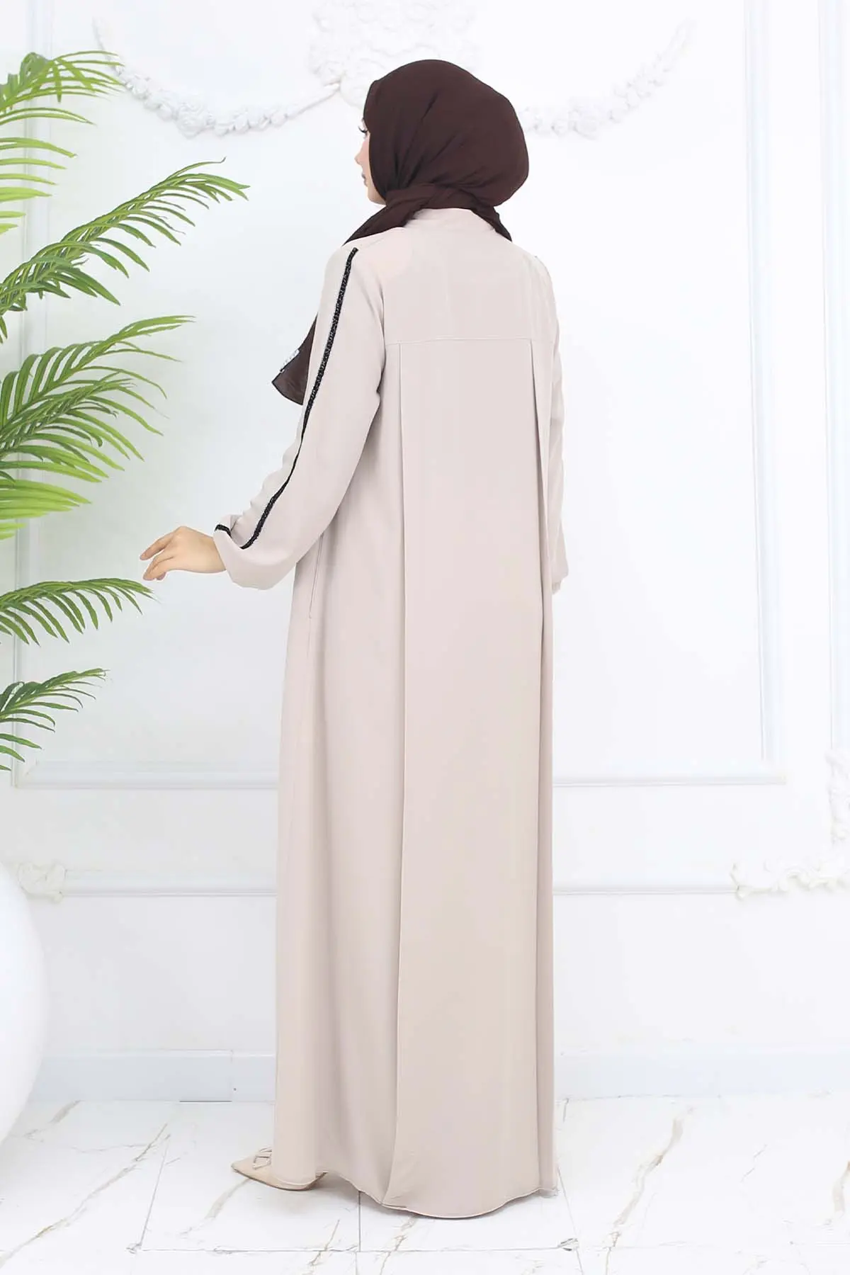 Şerit Detaylı Robalı Ferace Taş Rengi 1007-detail