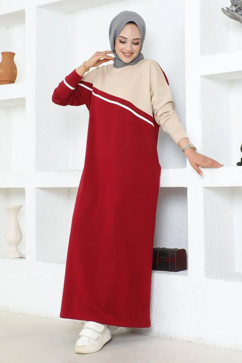 Şerit Detaylı Spor Elbise Bordo-detail