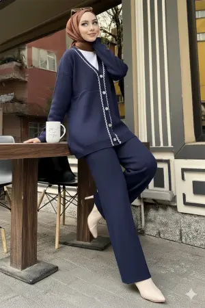 Şerit Detaylı Triko Ceket Takım