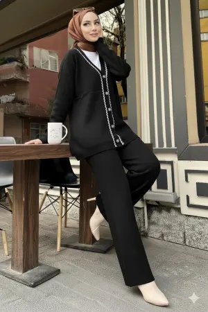 Şerit Detaylı Triko Ceket Takım