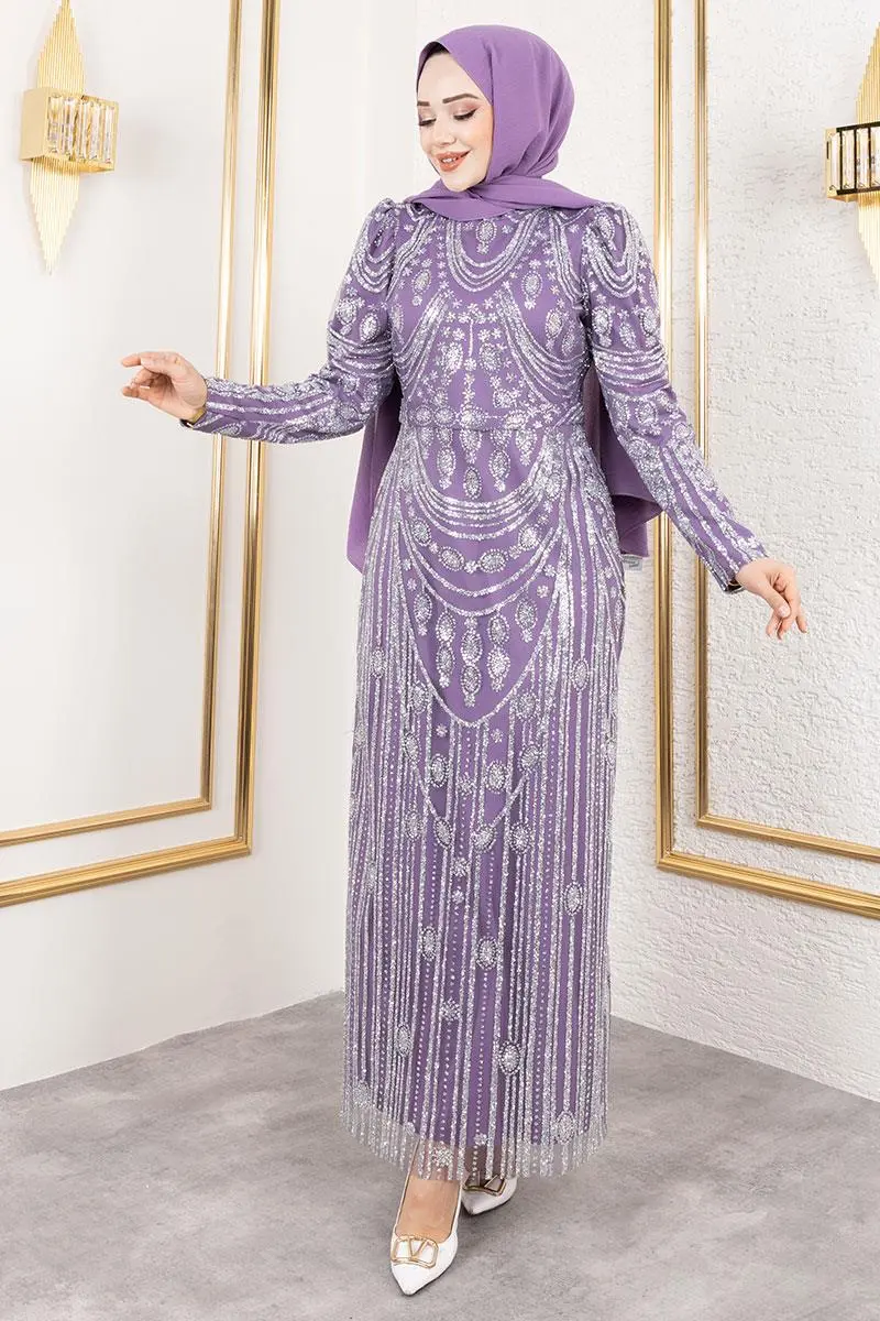 Simli Işlemeli Kalem Elbise Lila-detail