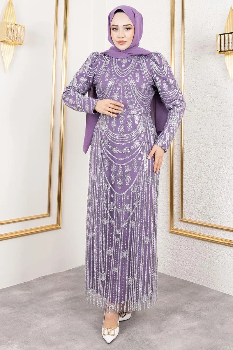 Simli Işlemeli Kalem Elbise Lila-detail